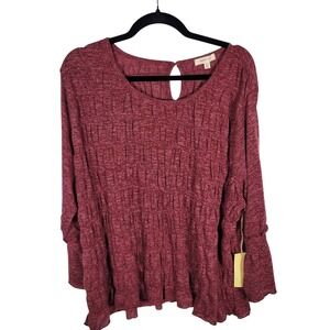 NWT Paper + Tee Top Womens Size 2x Red Ruched Blouse‎ Keyhole Back Bell Sleeves